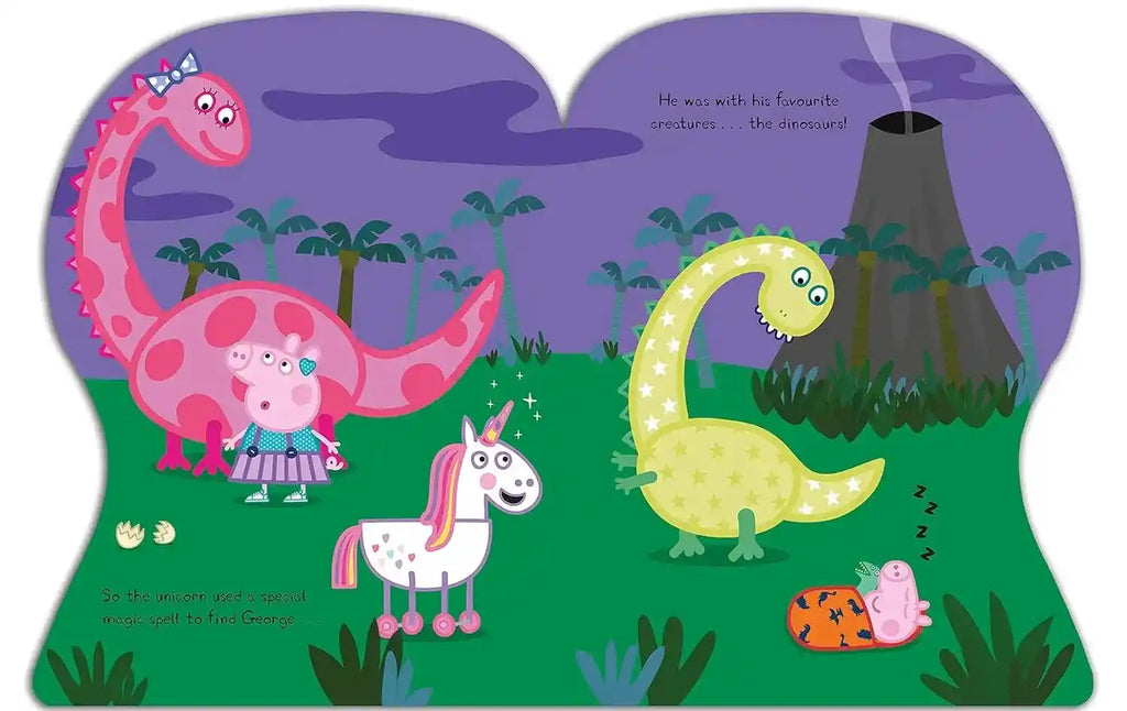 Children's book page with cartoon dinosaurs and a unicorn in a prehistoric landscape.