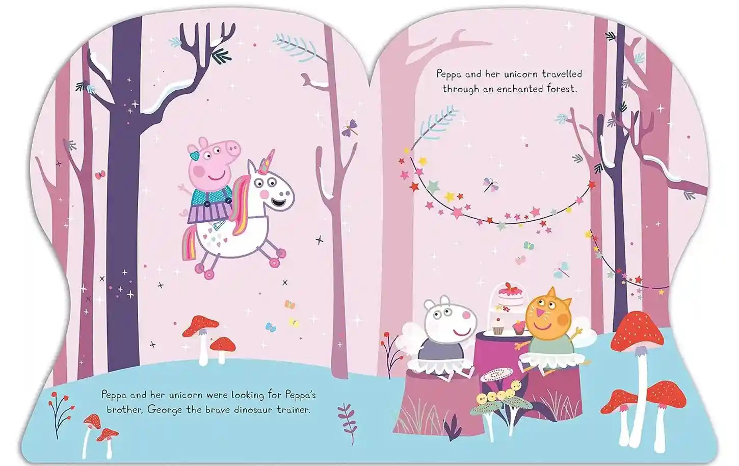 Illustrated children's book page with Peppa Pig and a unicorn in a forest setting.