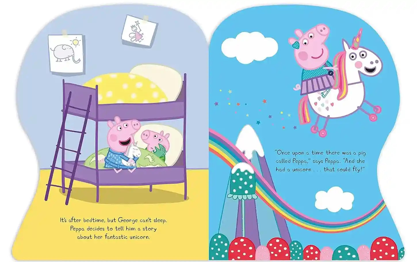 Illustrated book pages featuring Peppa Pig and a unicorn in a bedroom setting.