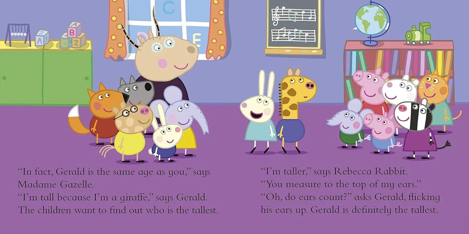 Illustration of children's characters in a classroom setting with text.