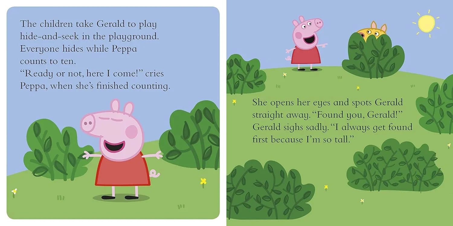 Two pages from a children's book featuring Peppa Pig and Gerald in a playground setting.