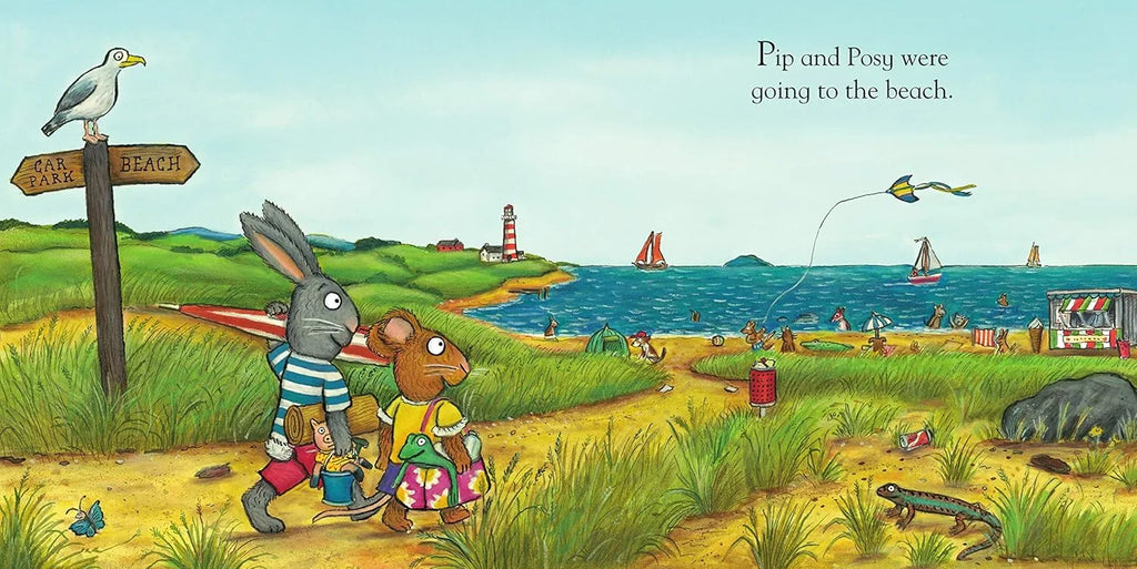 Illustration of two animals walking towards the beach with a signpost and ocean view.