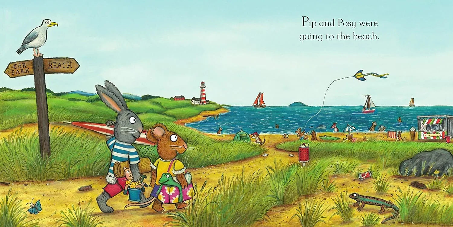 Illustration of two animals walking towards the beach with a signpost and ocean view.