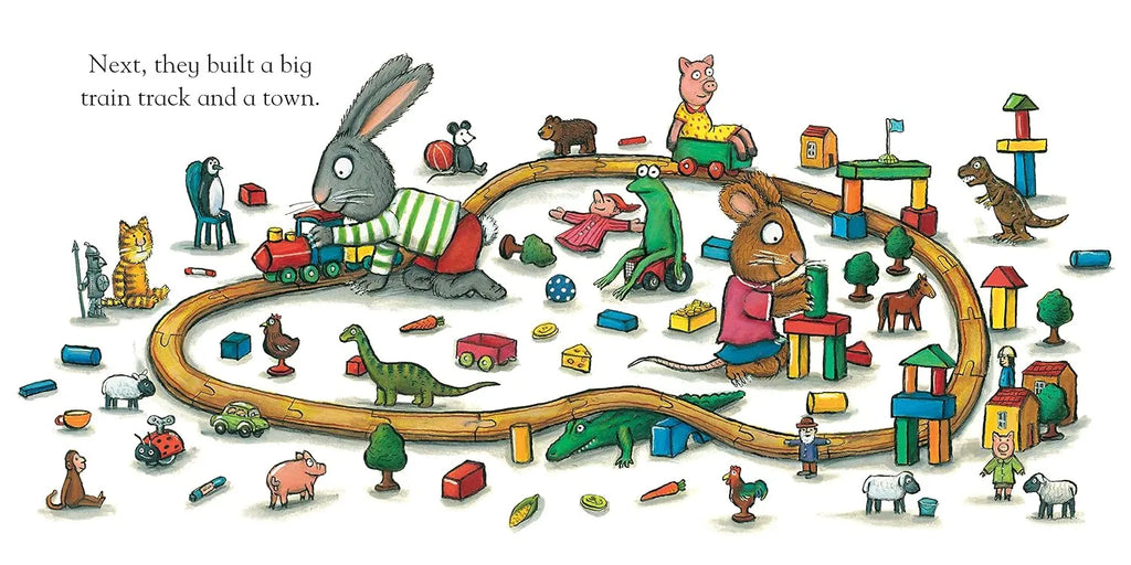 Illustration of animals building a train track and town with colorful toys.