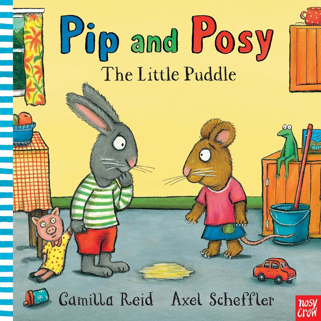 Book cover of 'Pip and Posy: The Little Puddle' with cartoon characters and colorful background.