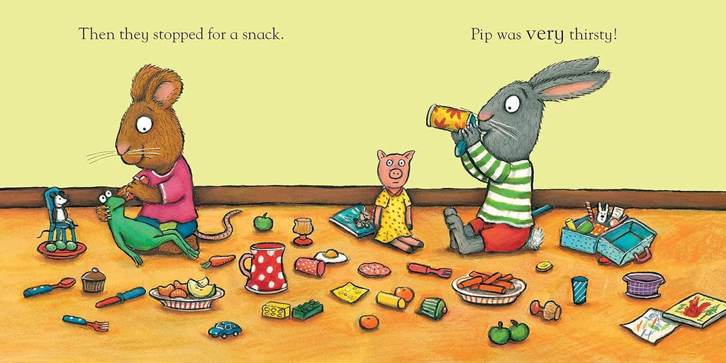 Illustration of animals around a table with snacks and drinks, with text indicating a pause for a snack.