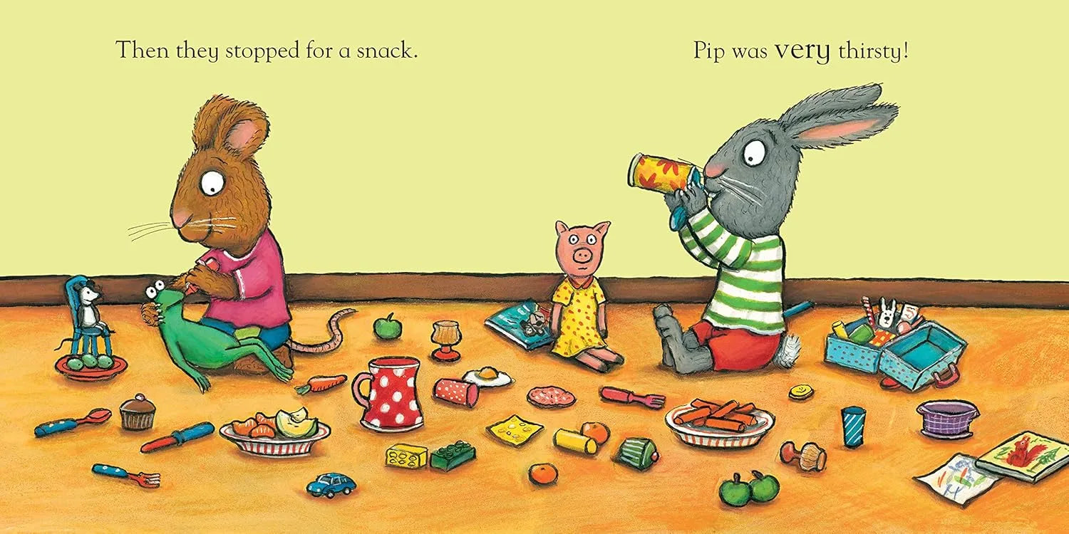 Illustration of animals around a table with snacks and drinks, with text indicating a pause for a snack.