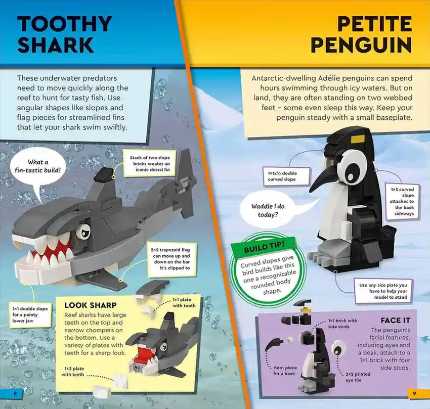 LEGO building instructions for a shark and penguin with detailed illustrations and text.
