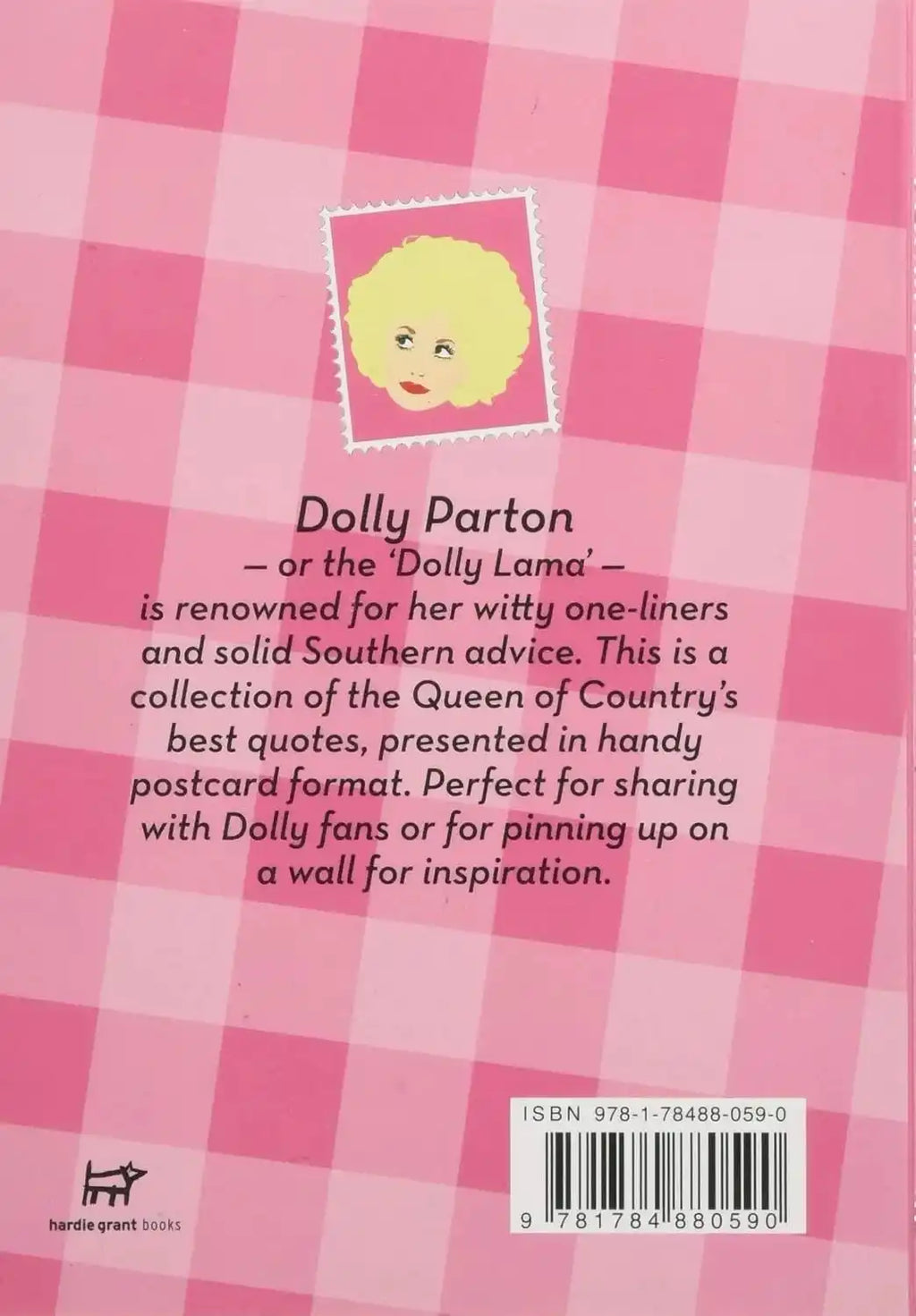 Back cover of a book with pink checkered pattern and Dolly Parton's quote on a pink background