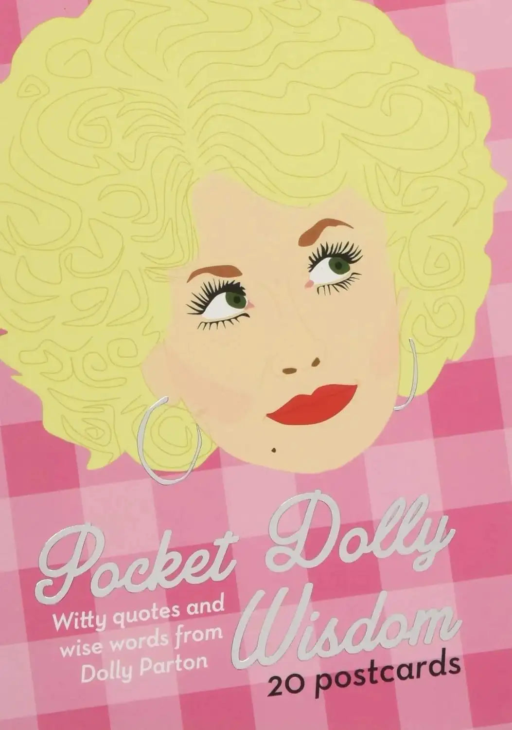 Postcard with a stylized illustration of Dolly Parton's face on a pink background