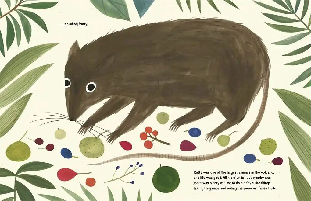 Illustration of a brown animal with colorful fruits and leaves on a beige background