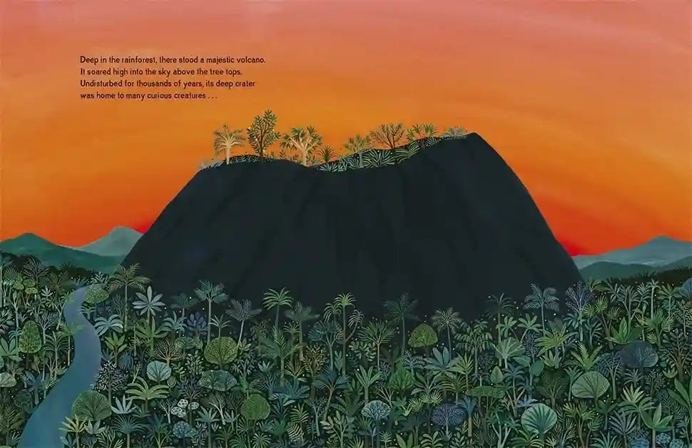 Illustration of a mountain with a sunset sky and lush greenery at the base.