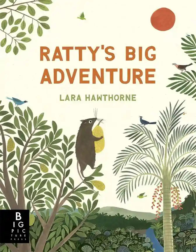 Book cover of 'Ratty's Big Adventure' with illustrations of a rat, trees, and birds.