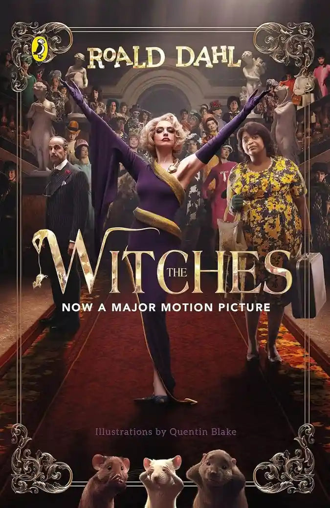 Book cover of 'Witches' by Roald Dahl with illustrations by Quentin Blake, featuring a woman in a purple outfit and another character in a floral dress.