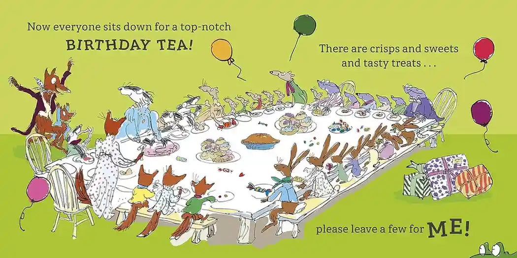 Illustration of a birthday tea party with animals around a table on a green background.