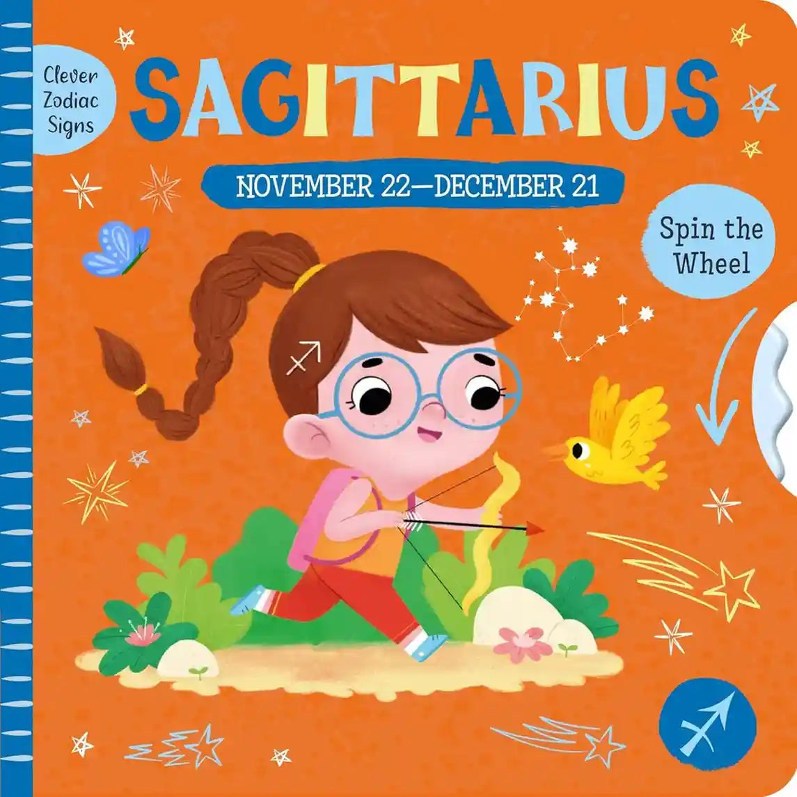Book cover of 'Clever Zodiac Signs' featuring Sagittarius with a girl and zodiac symbols.
