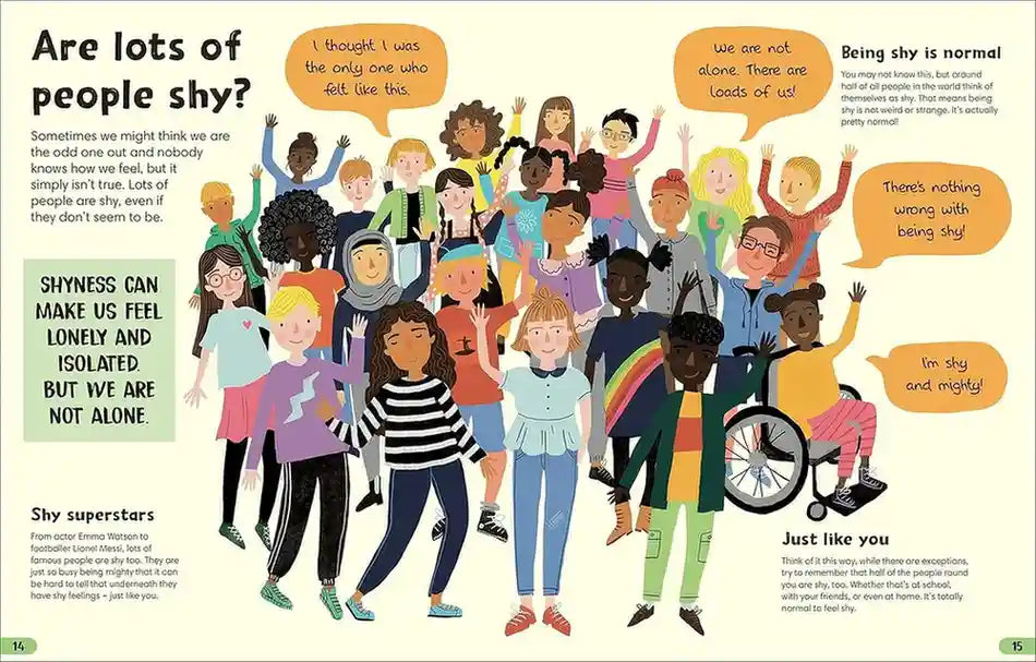 Illustration of diverse group of people with text about shyness and normalcy