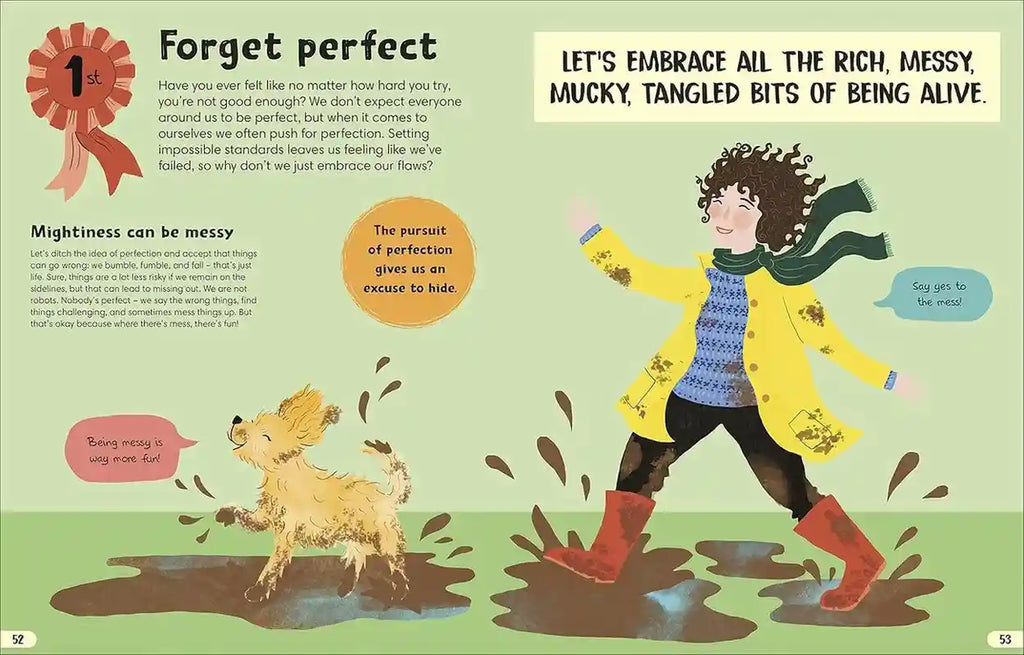 Illustration of a person and dog playing in mud with text about embracing imperfection.