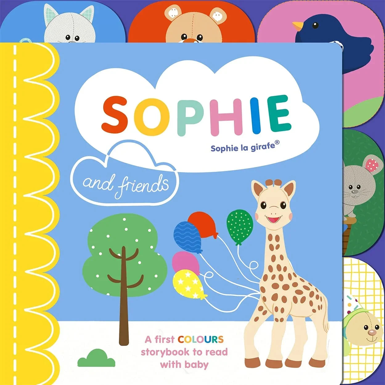 Children's book cover featuring a giraffe and friends with colorful balloons and trees.