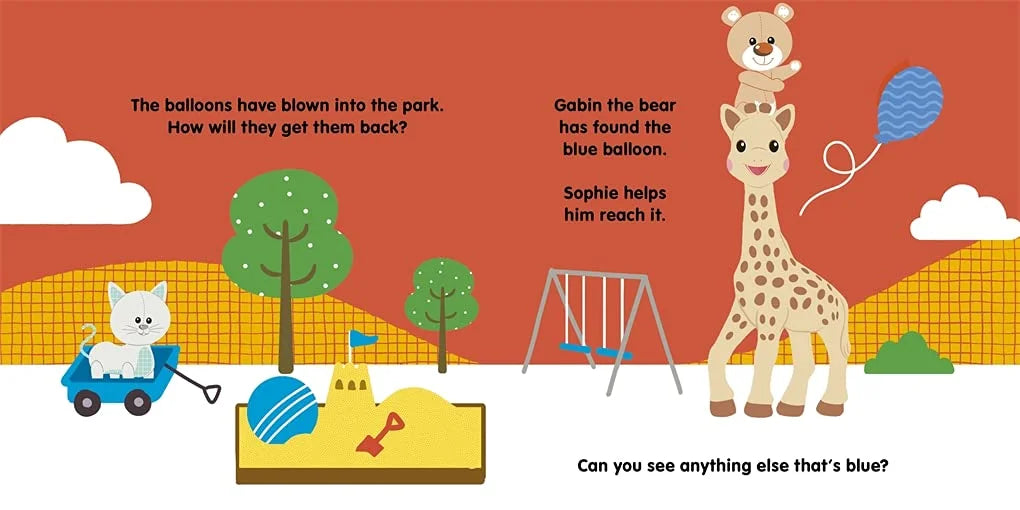 Illustration of a children's book page with a bear, giraffe, and cat in a park setting.