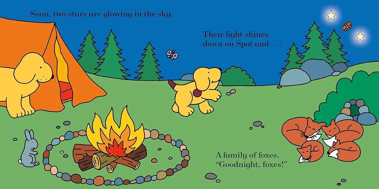 Illustration of a camping scene with animals around a campfire, featuring text.