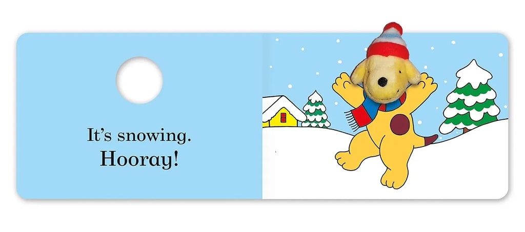 Cartoon dog in a winter scene with text 'It's snowing. Hooray!' on a blue background