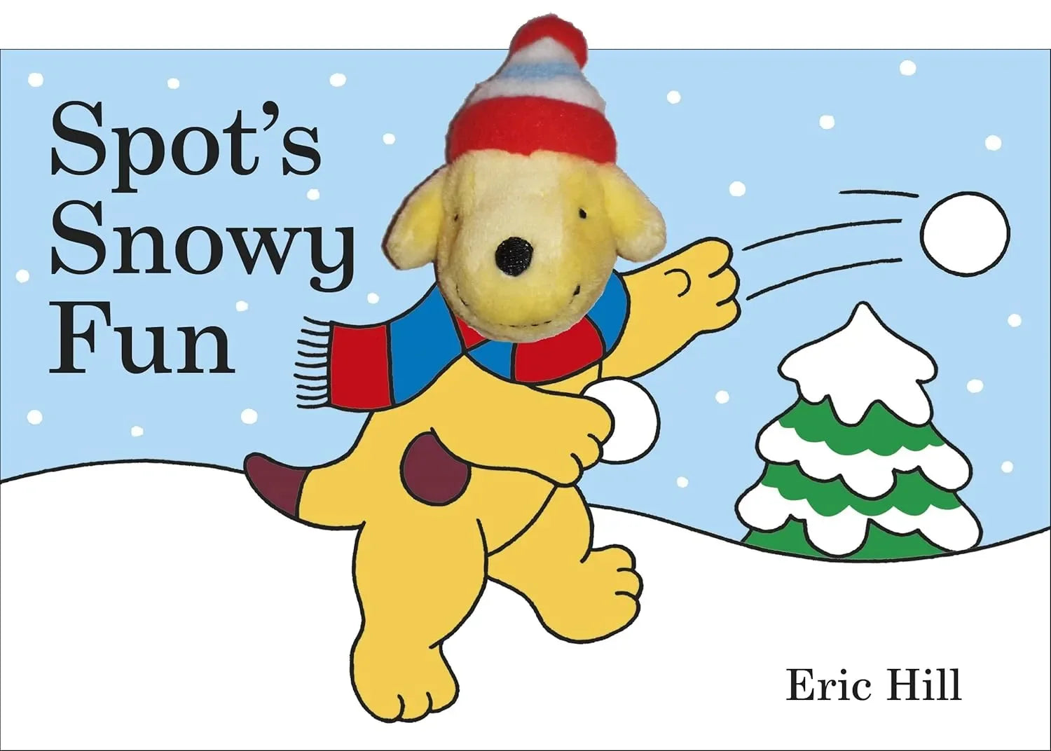 Book cover of 'Spot's Snowy Fun' featuring a cartoon dog in winter clothing with a snowball and tree.