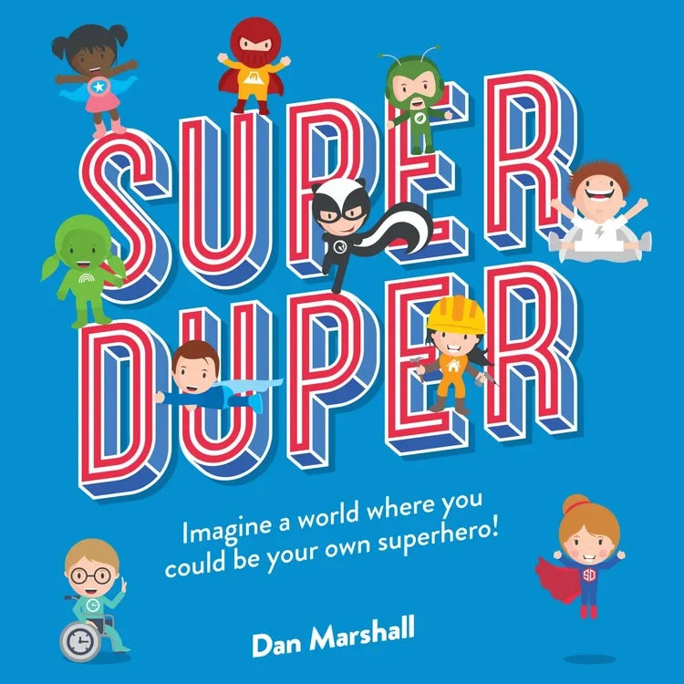 Book cover of 'Super Duper' with superhero characters on a blue background