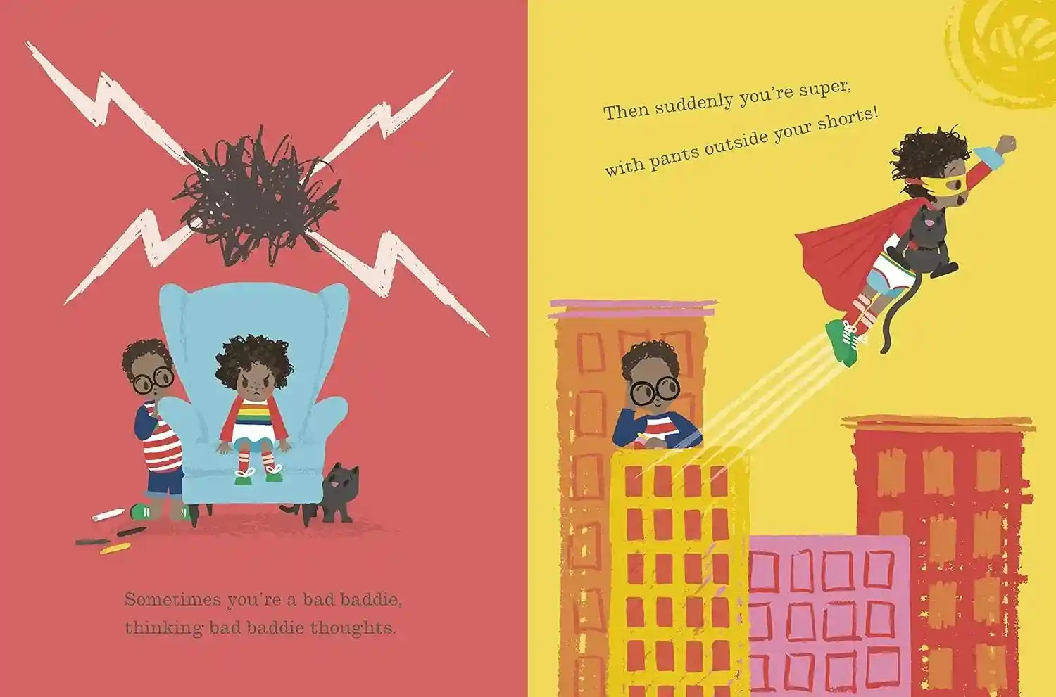 Illustrated book page with superhero character and children on a pink and yellow background