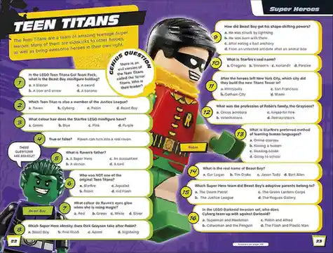 Teeny Titans superhero figure with trivia questions on a purple background
