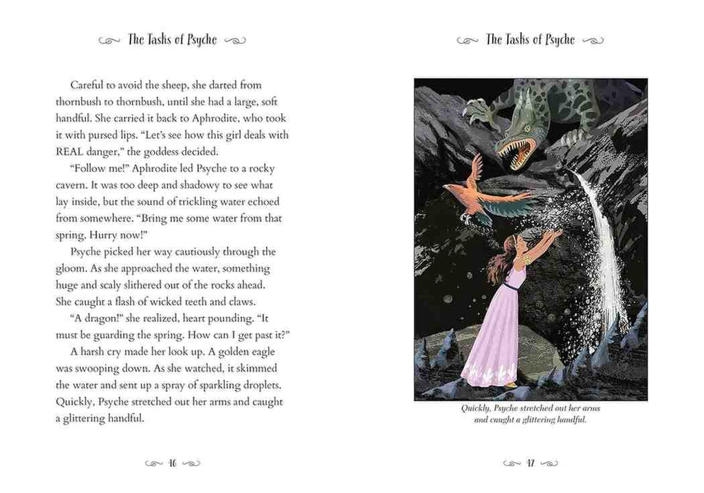 A printed page spread from a book or magazine featuring the title 'The Lads of Psyche' at the top, a short story about Psyche and Perseus in the text, and a black-and-white illustration on the right showing Psyche in a pink dress reaching toward Perseus.