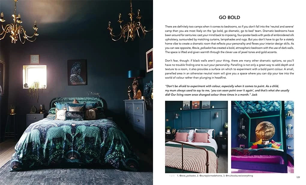 Dark bedroom with decorative elements and text on a magazine layout.
