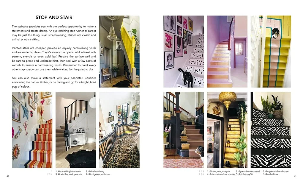 Collage of interior design images featuring staircases and walls with decorative elements.