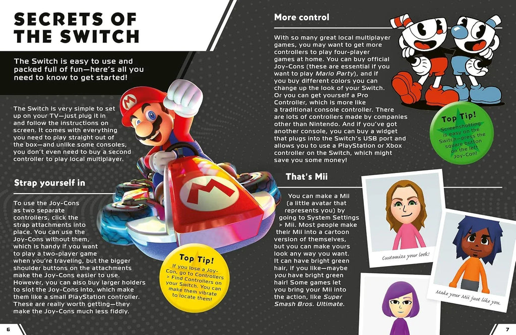 Gaming manual page with characters and text on a dark background