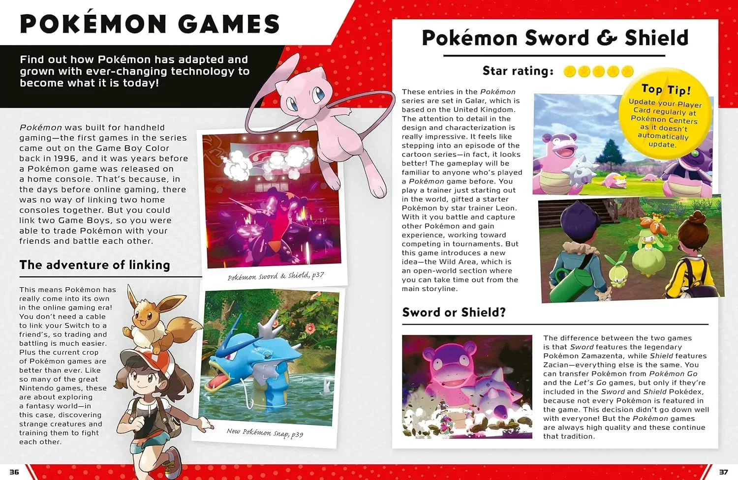 Page from a book or magazine about Pokémon Sword & Shield game, featuring text and images of characters and gameplay.