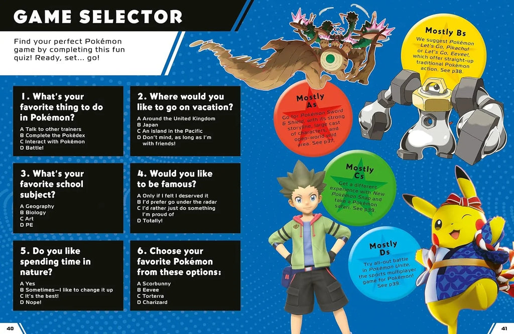 Game selector for choosing a Pokémon based on preferences with cartoon characters and text.