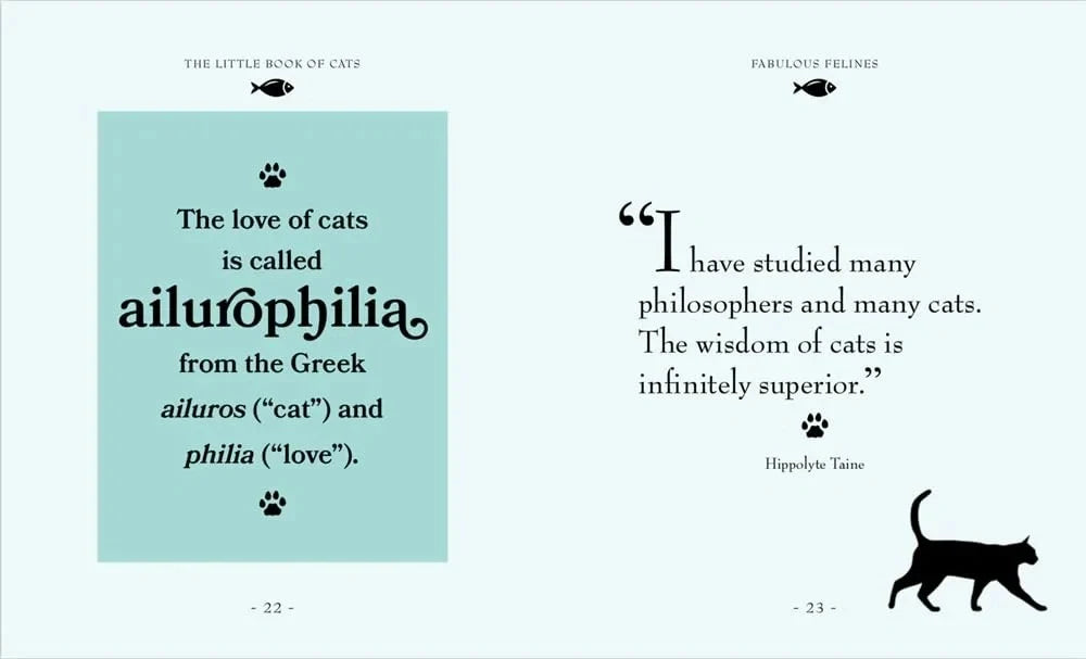 Two pages from a book about cats with text and a cat illustration.
