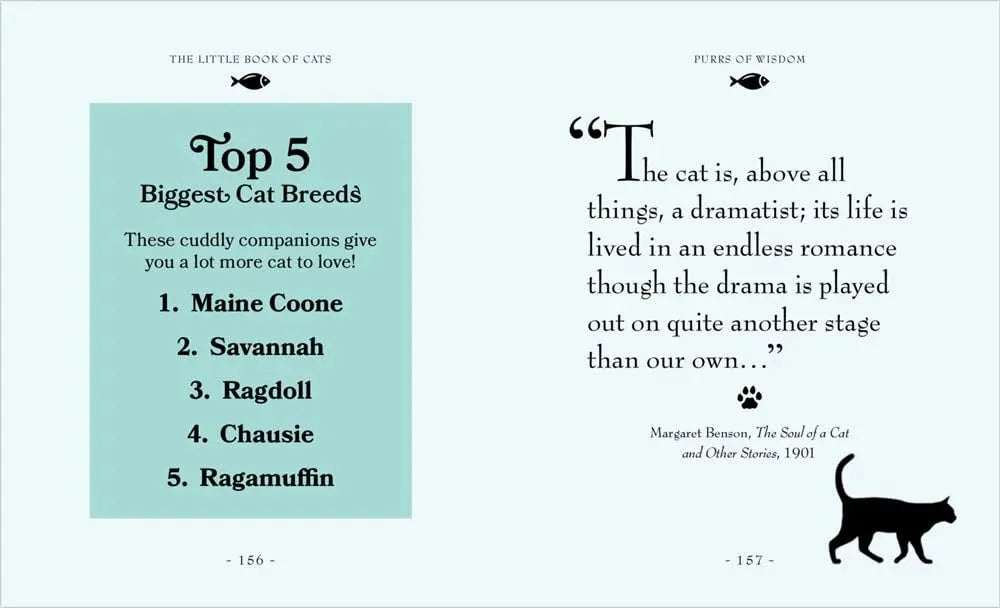 Page from a book listing top 5 cat breeds with a quote about cats.