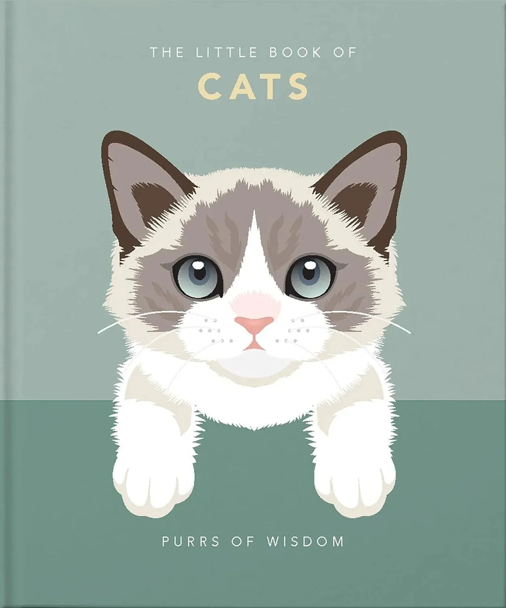 Book cover with a cat illustration and text 'The Little Book of Cats: Purrs of Wisdom' on a green background