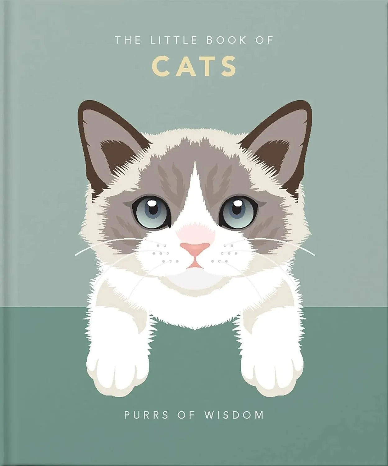 Book cover with a cat illustration and text 'The Little Book of Cats: Purrs of Wisdom' on a green background