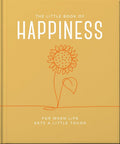 Book titled 'The Little Book of Happiness' with a sunflower illustration on a beige background
