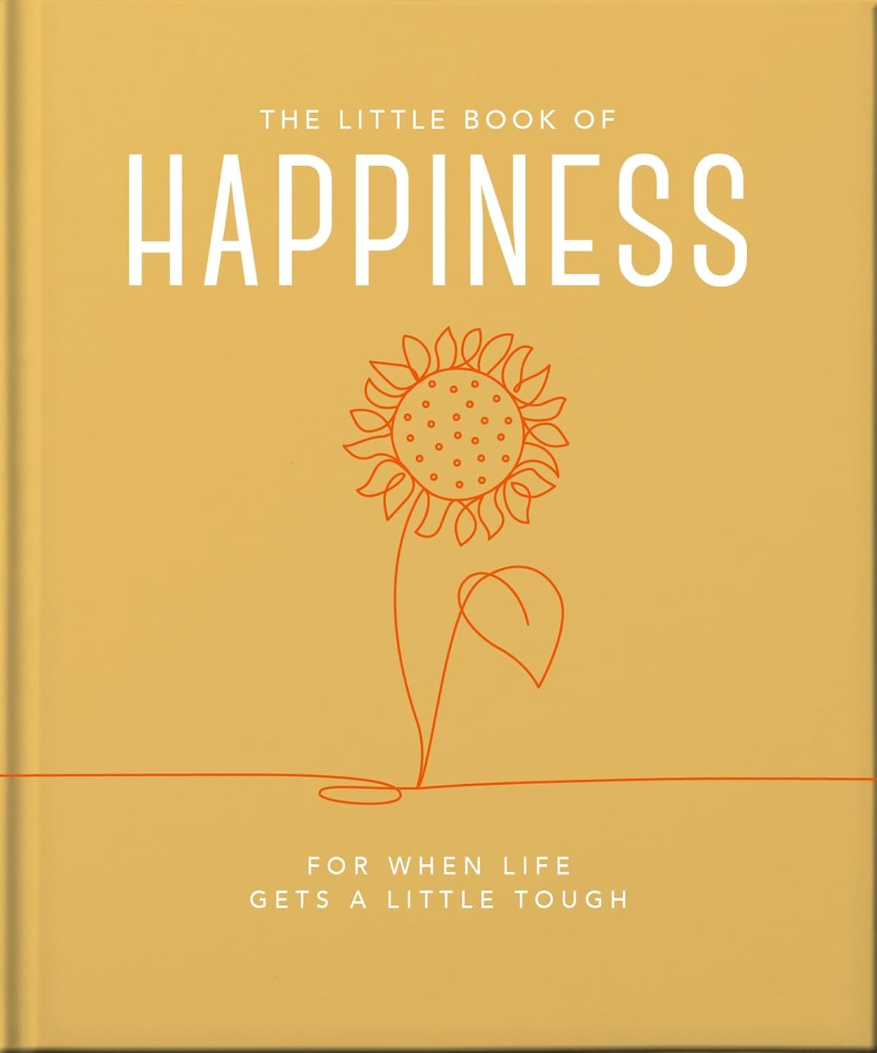 Book titled 'The Little Book of Happiness' with a sunflower illustration on a beige background