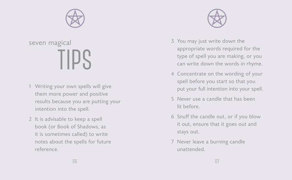 A light gray page with two columns of black text titled 'seven magical TIPS' and seven numbered spell-making tips, with small circular star-like symbols above the headings.