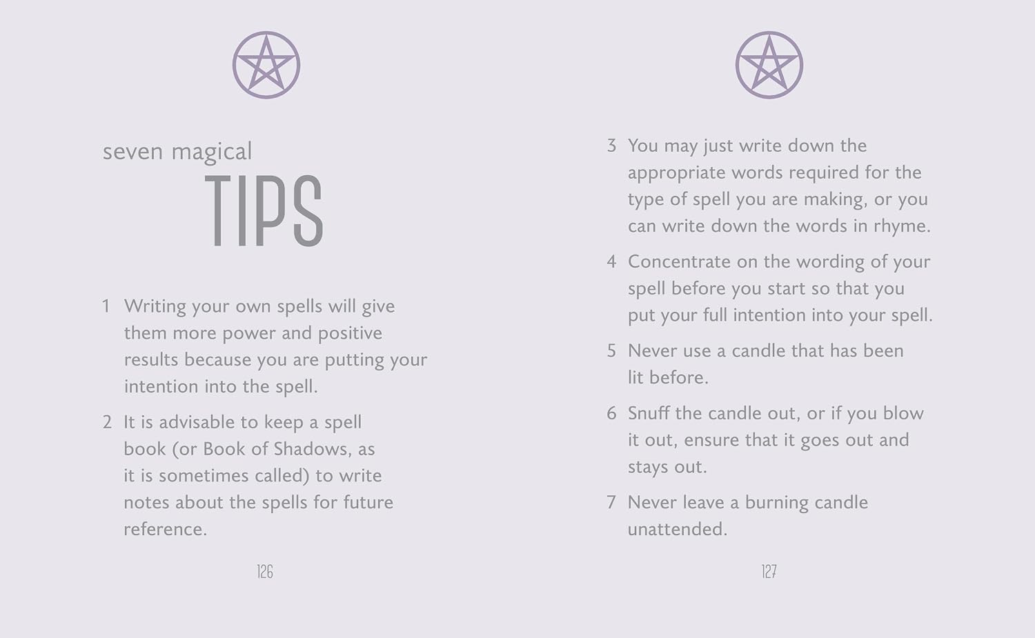 A light gray page with two columns of black text titled 'seven magical TIPS' and seven numbered spell-making tips, with small circular star-like symbols above the headings.