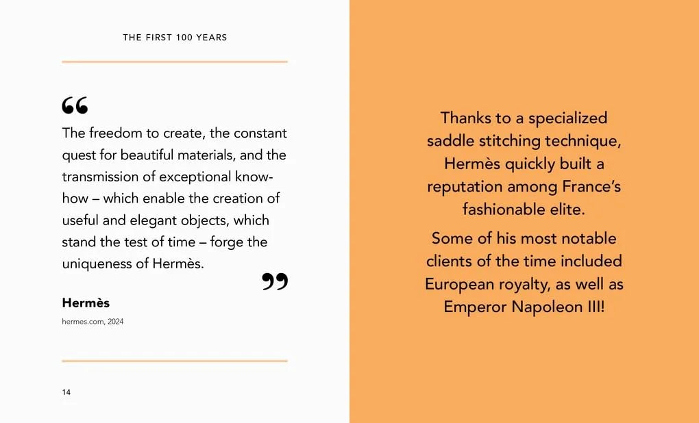 Text about Hermès' history and reputation, with a white and orange background.