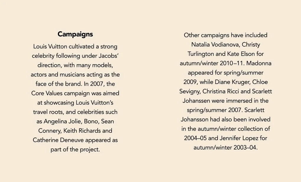Text on a beige background discussing Louis Vuitton's celebrity campaigns and core values campaign.