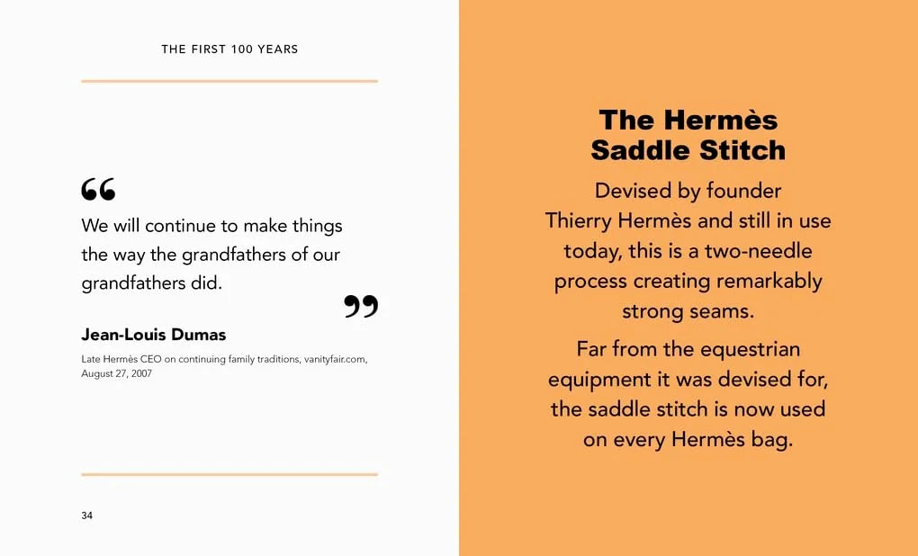 Text about Hermès saddle stitch and a quote from Jean-Louis Dumas on an orange and white background.