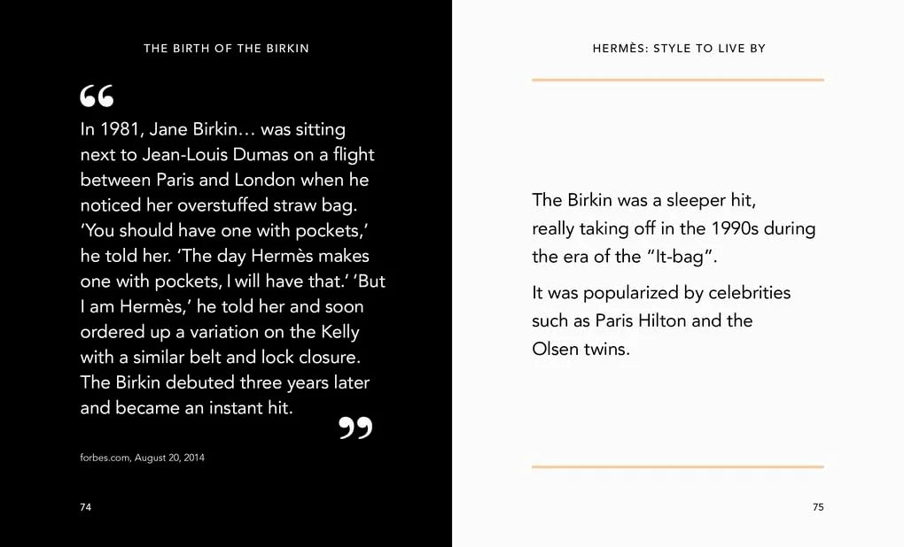 Book page with text about the Birkin bag's history and popularity, featuring a quote from Jane Birkin.