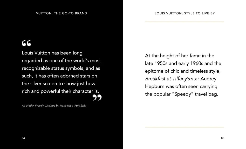 Text about Louis Vuitton's association with Audrey Hepburn and the 'Speedy' travel bag, with a black and white color scheme.