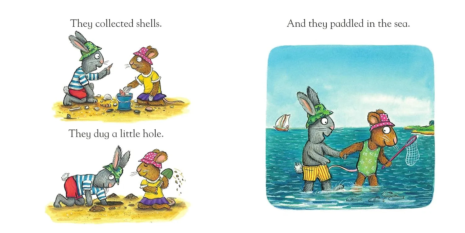 Illustrations of animals collecting shells, digging a hole, and paddling in the sea.